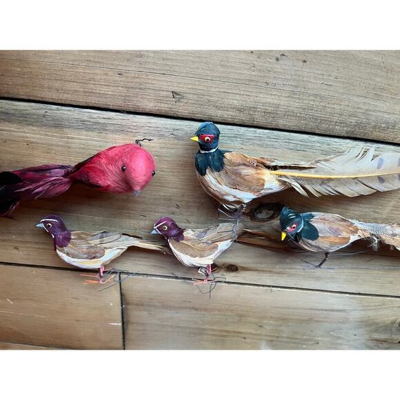 Lot of 5 Vintage Christmas Birds. Wired Feet. Feathers. Made in Japan.Red &Brown - Picture 3 of 8